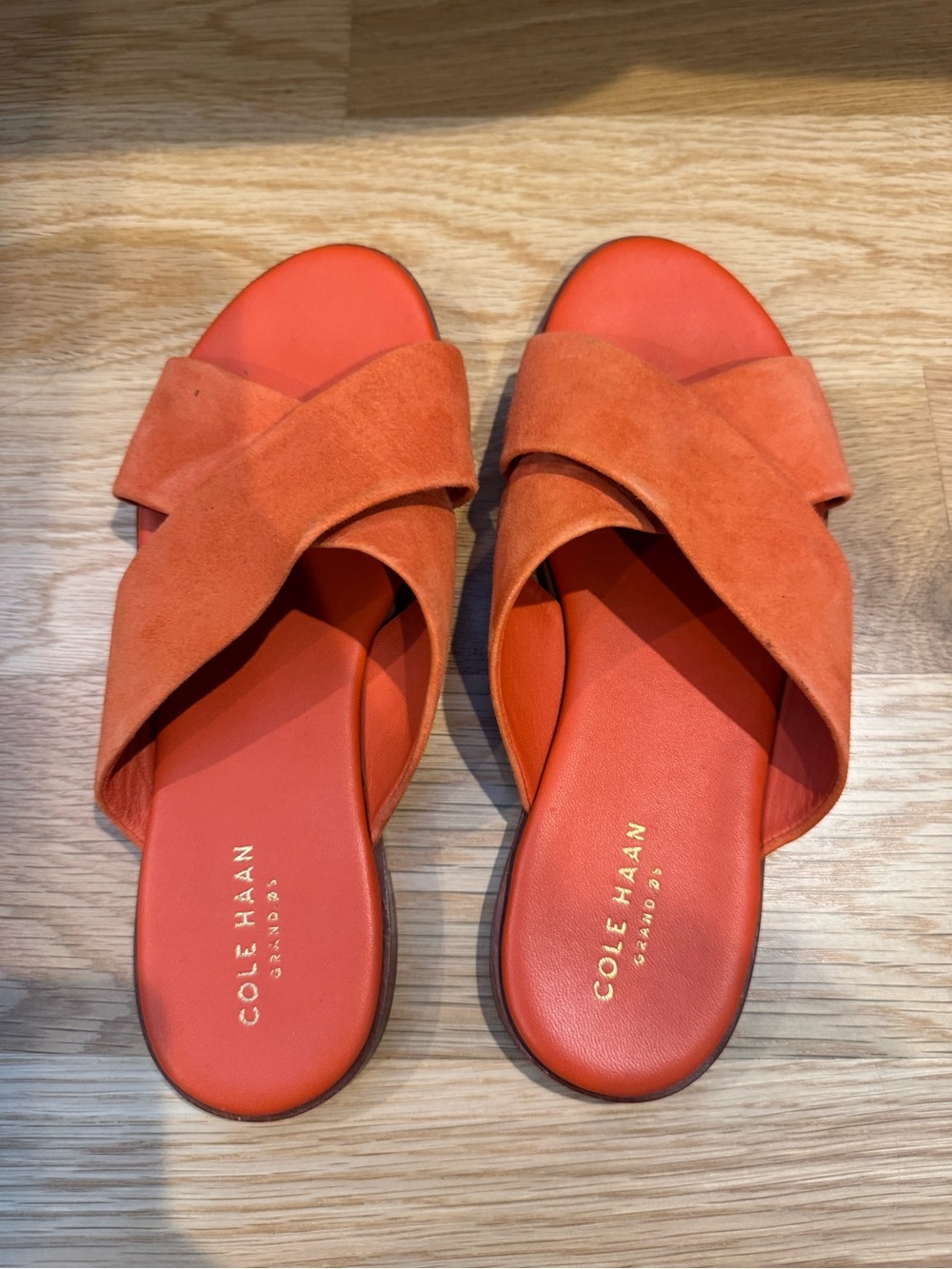 Cole Haan Anica Crisscross Slide Sandals —bright "Spicy Orange" suede 6.5